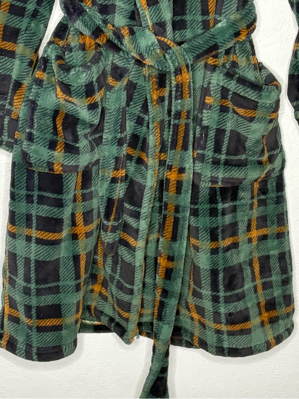 LL Bean Mens S Fleece Robe Green Plaid Shawl Collar Belted Plush Bathrobe Pocket - Picture 5 of 14